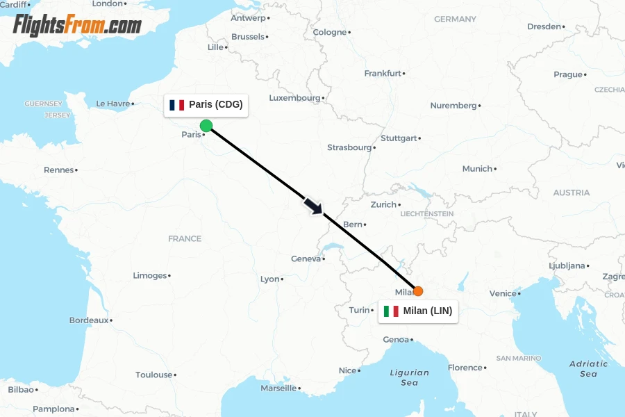 Flights from Paris to Milan route map
