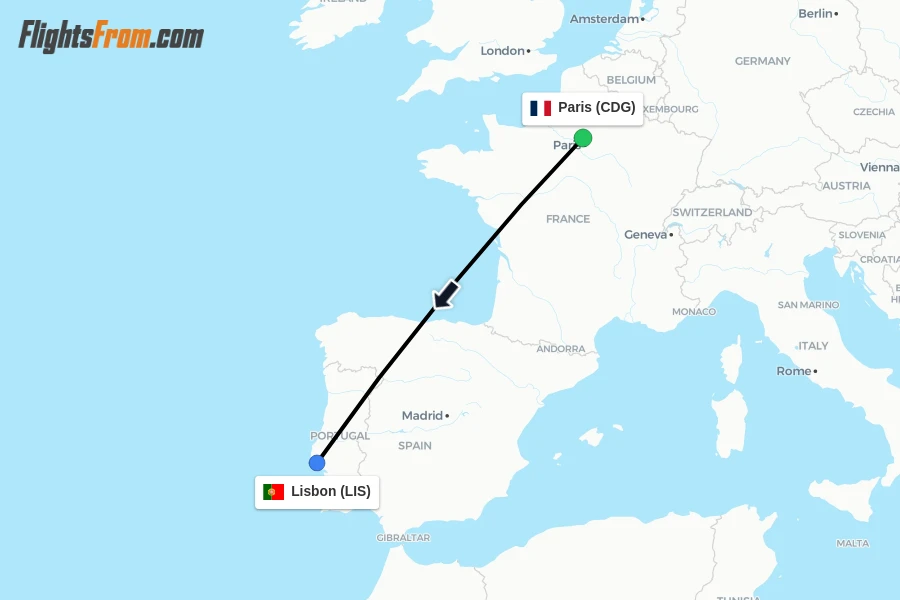 Flights from Paris to Lisbon route map