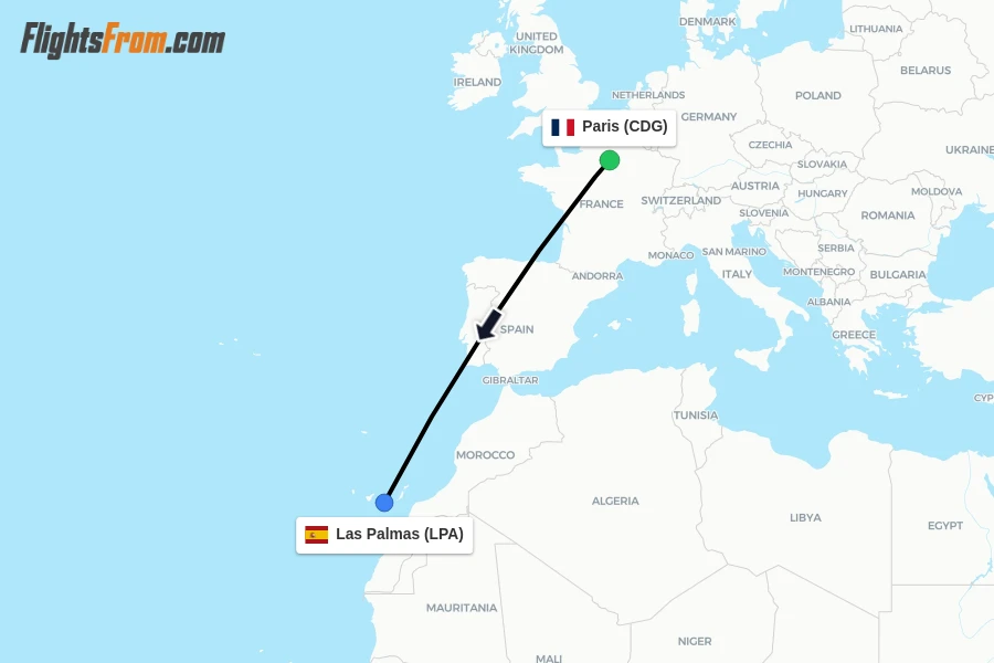Flights from Paris to Las Palmas route map