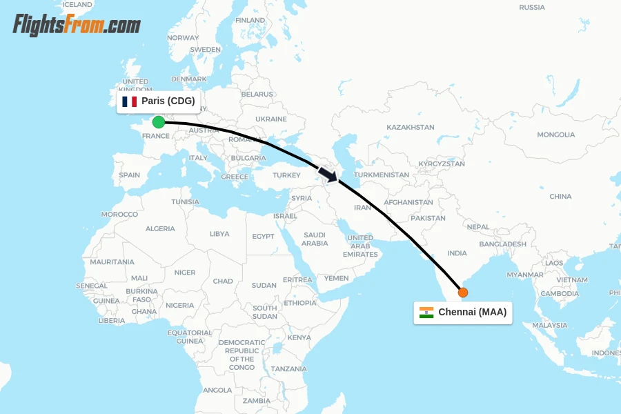 Flights from Paris to Chennai route map
