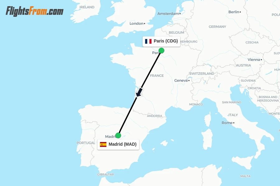 Flights from Paris to Madrid route map