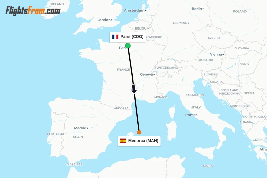 Flights from Paris to Menorca route map