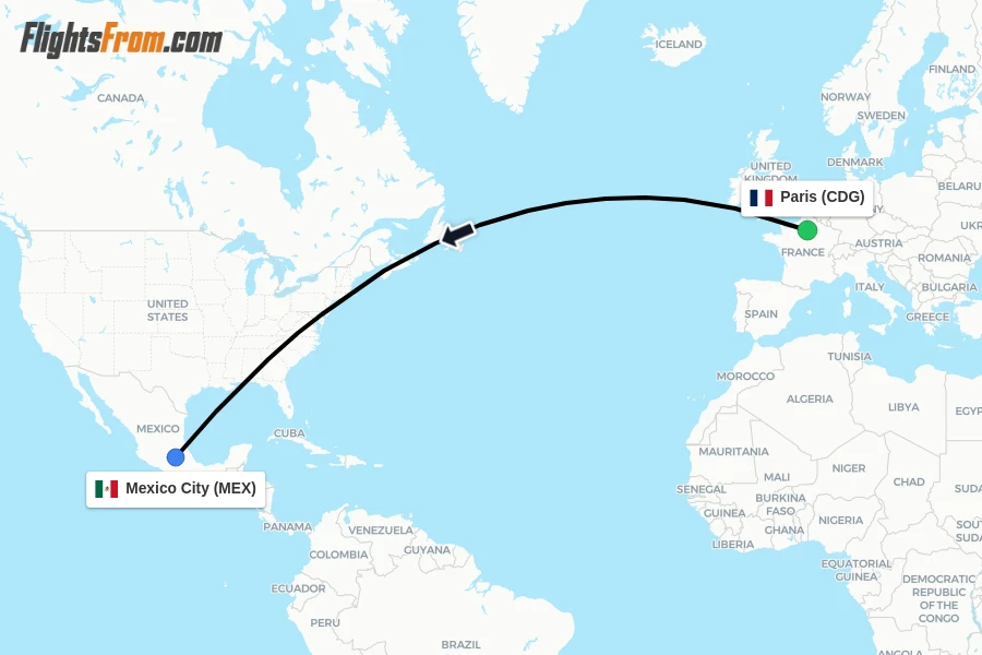 Flights from Paris to Mexico City route map