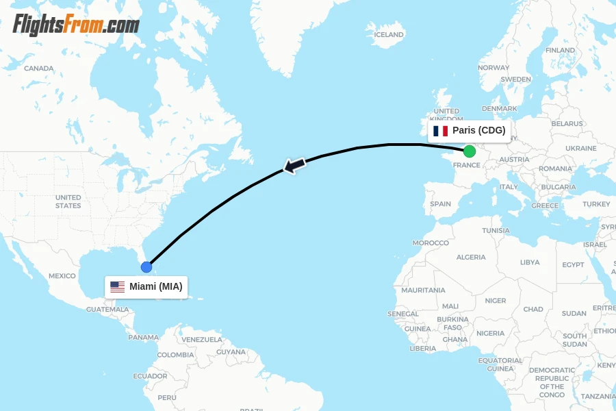 Flights from Paris to Miami route map