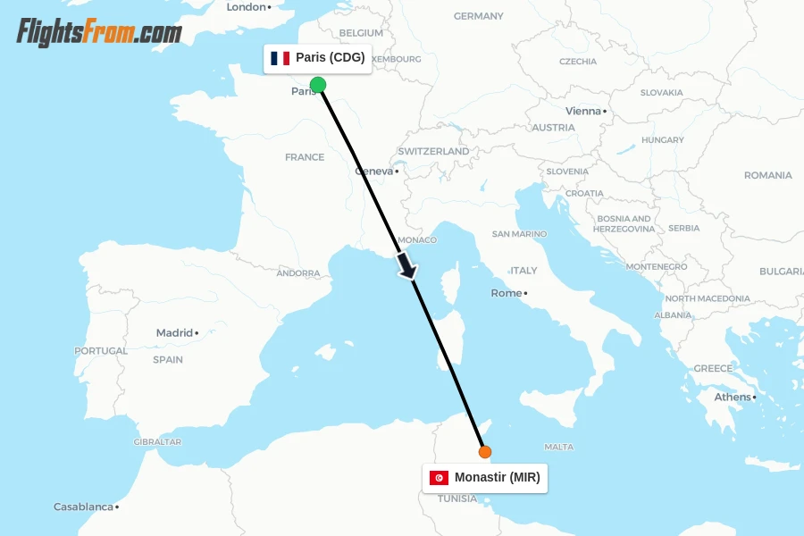 Flights from Paris to Monastir route map