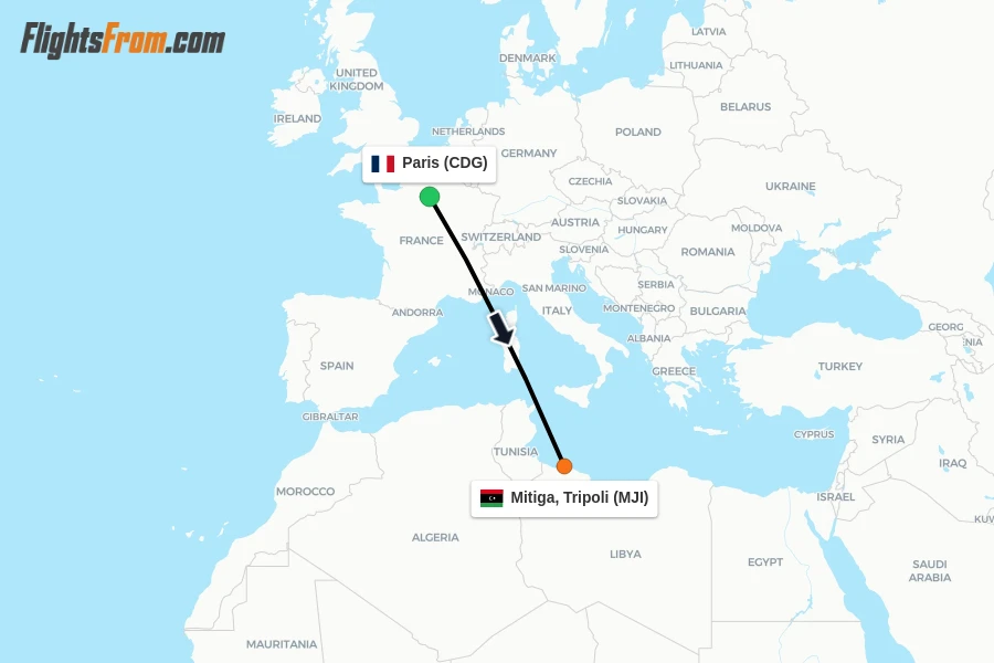 Flights from Paris to Mitiga, Tripoli route map