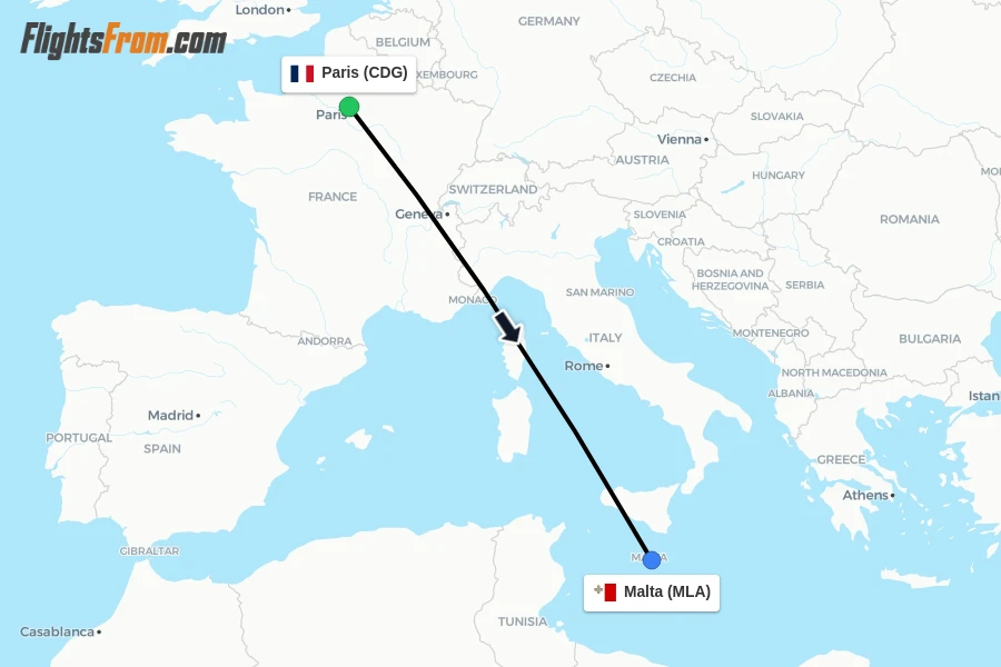 Flights from Paris to Malta route map