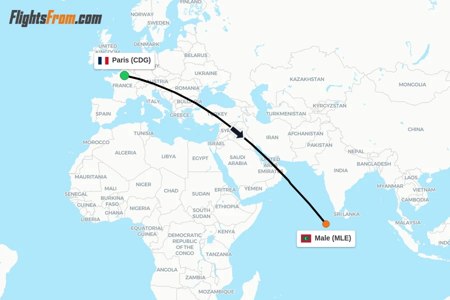 Flights from Paris to Male route map