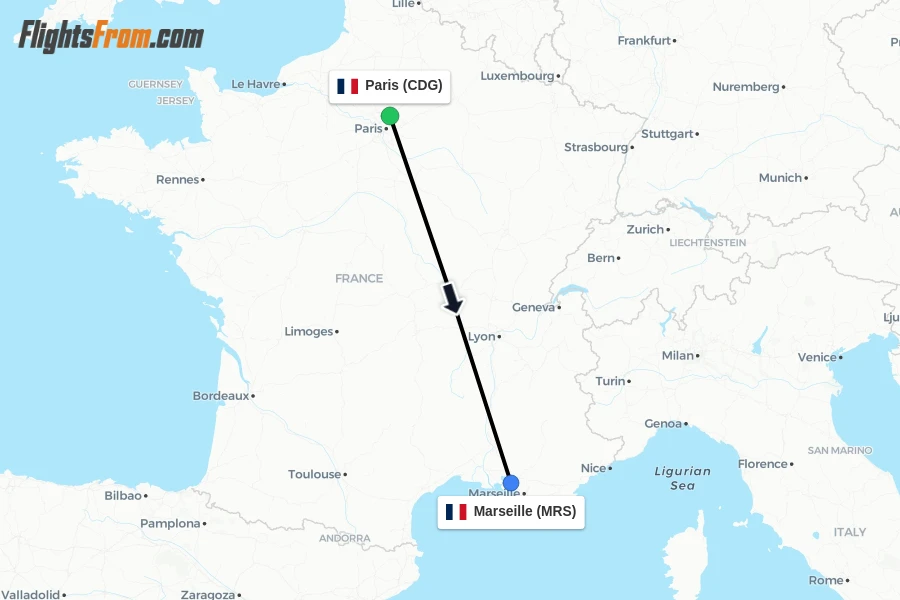 Flights from Paris to Marseille route map
