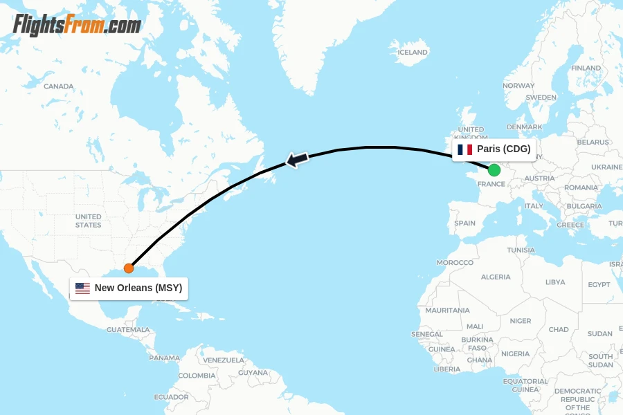Flights from Paris to New Orleans route map