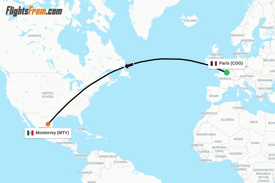 Flights from Paris to Monterrey route map