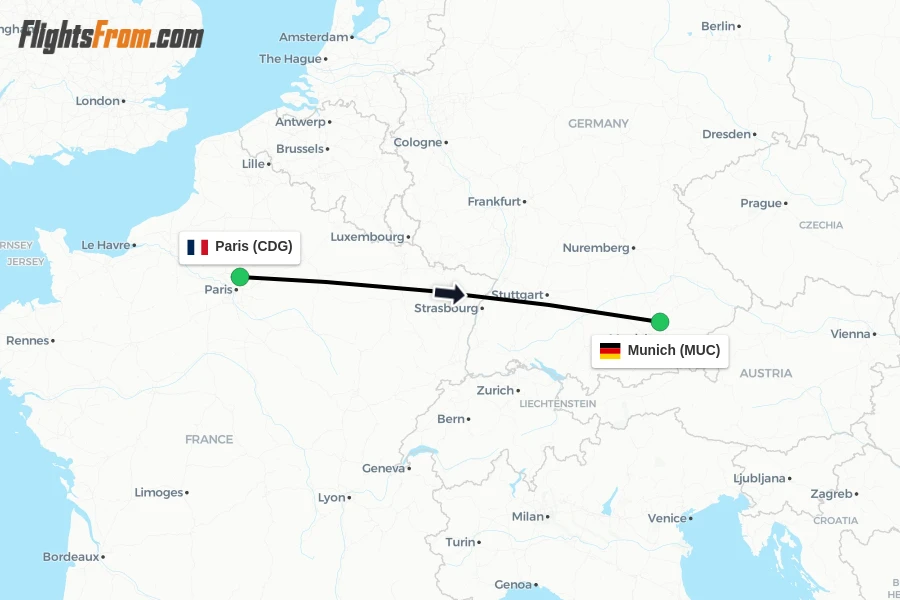 Flights from Paris to Munich route map