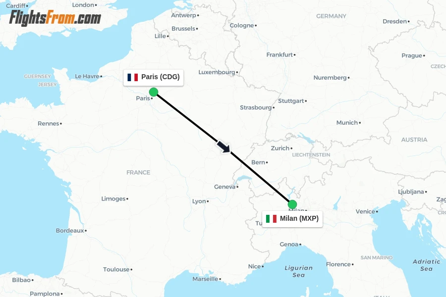 Flights from Paris to Milan route map