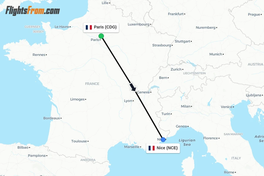 Flights from Paris to Nice route map