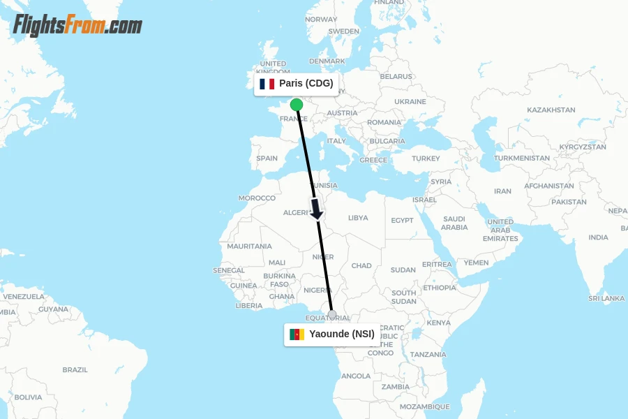 Flights from Paris to Yaounde route map