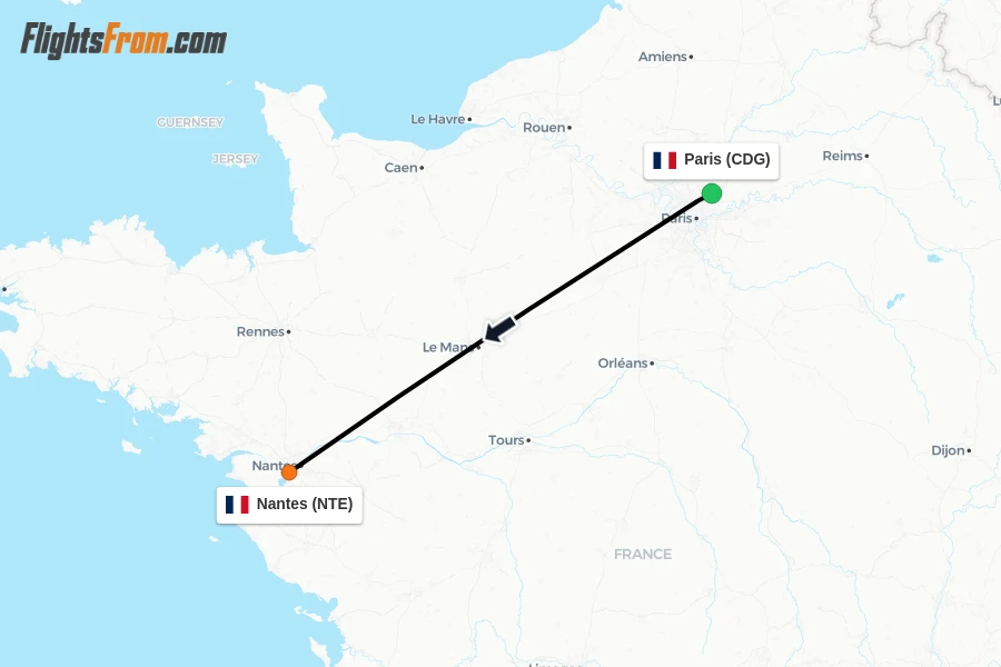 Flights from Paris to Nantes route map