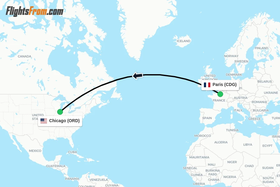 Flights from Paris to Chicago route map