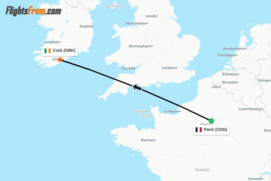 Flights from Paris to Cork route map