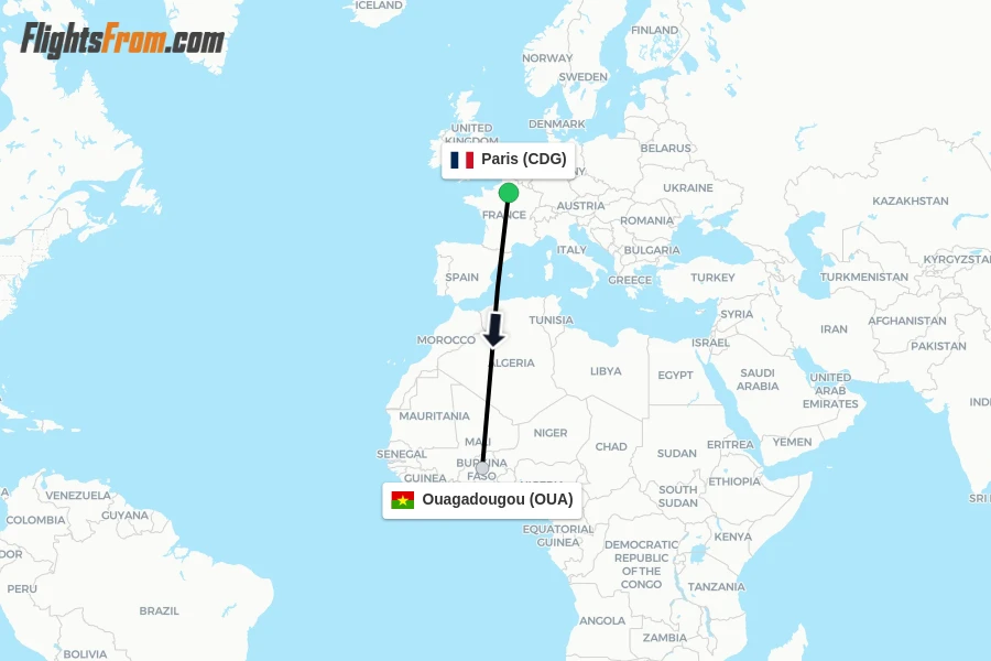 Flights from Paris to Ouagadougou route map