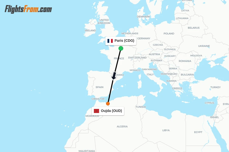 Flights from Paris to Oujda route map