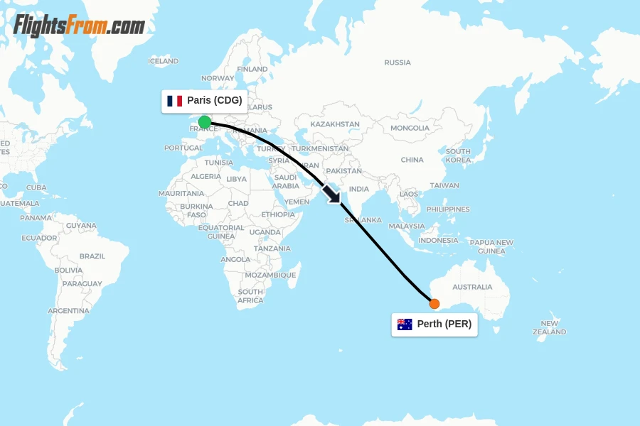 Flights from Paris to Perth route map