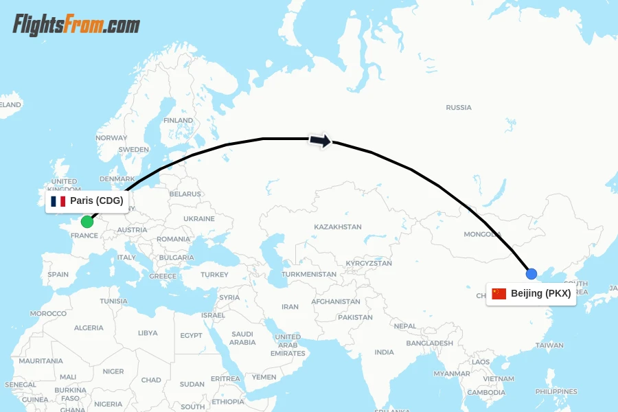 Flights from Paris to Beijing route map