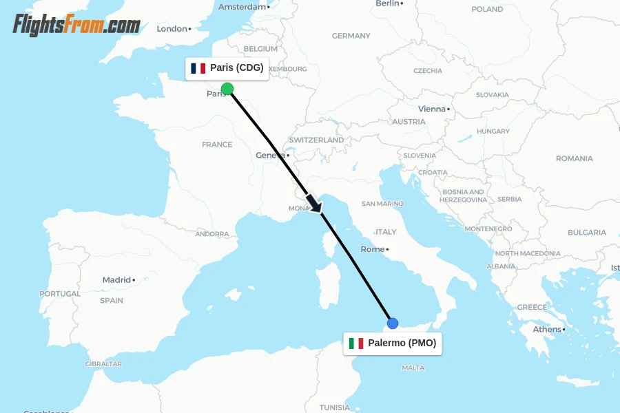 Flights from Paris to Palermo route map