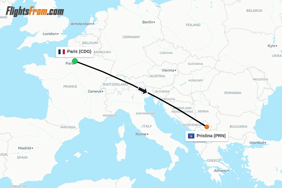 Flights from Paris to Pristina route map