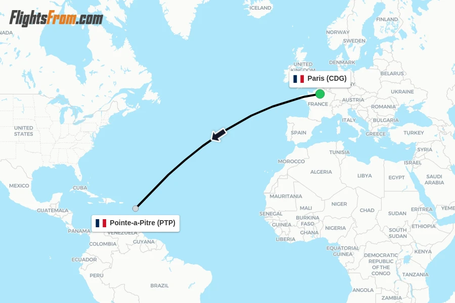 Flights from Paris to Pointe-a-Pitre route map