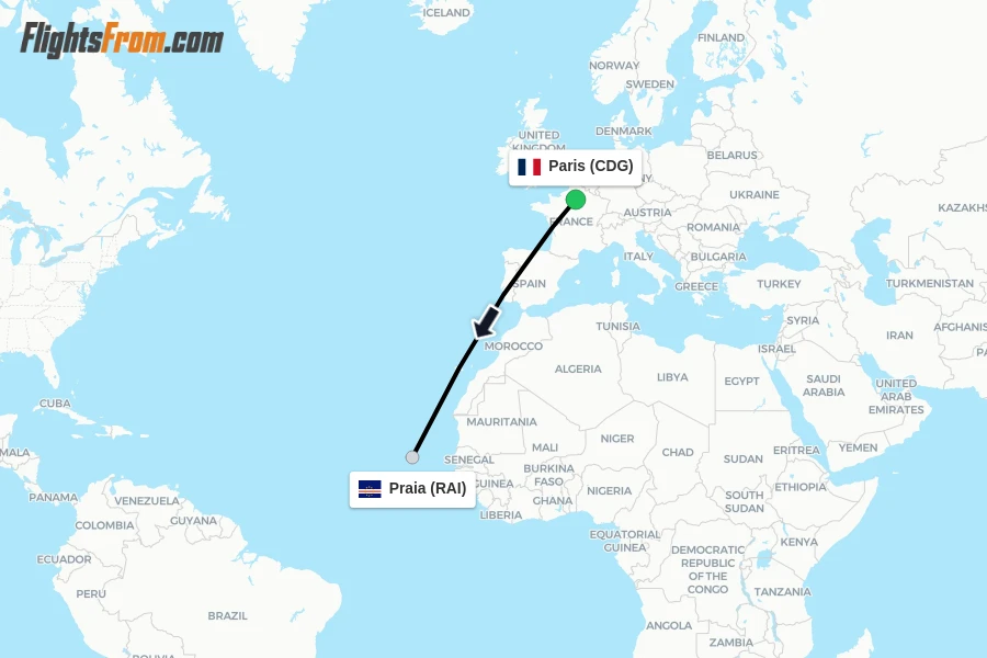 Flights from Paris to Praia route map