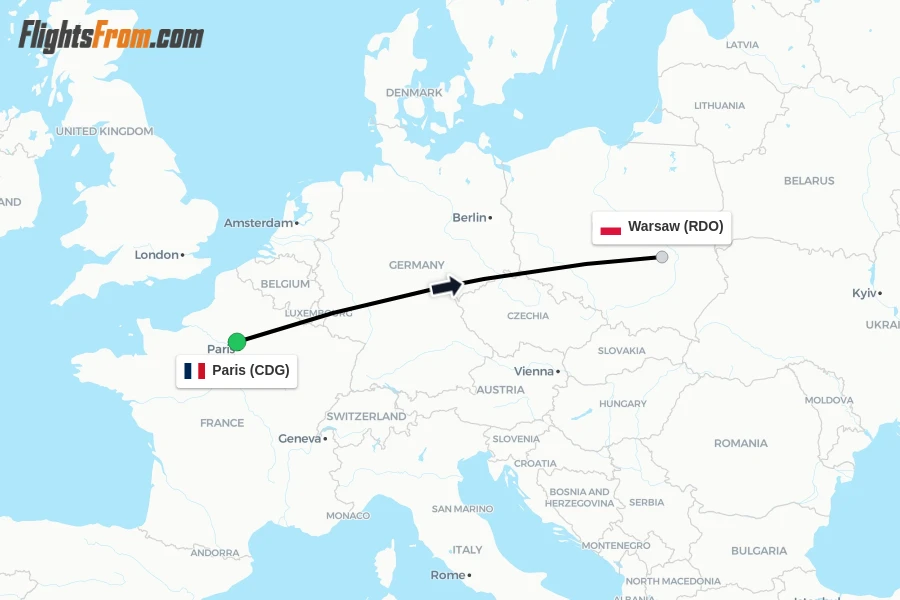 Flights from Paris to Warsaw route map