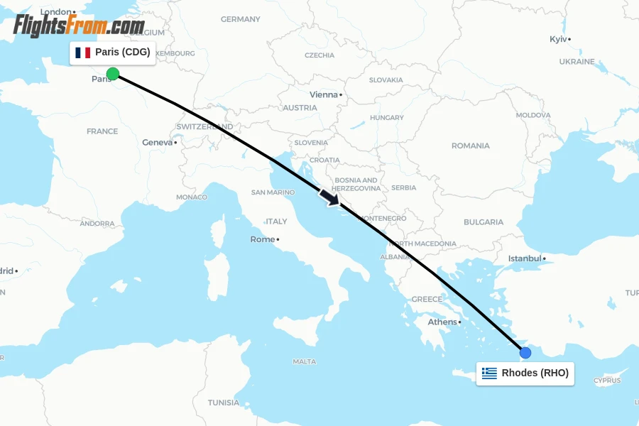 Flights from Paris to Rhodes route map