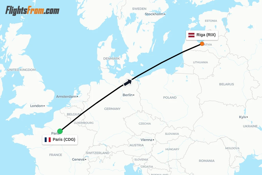 Flights from Paris to Riga route map