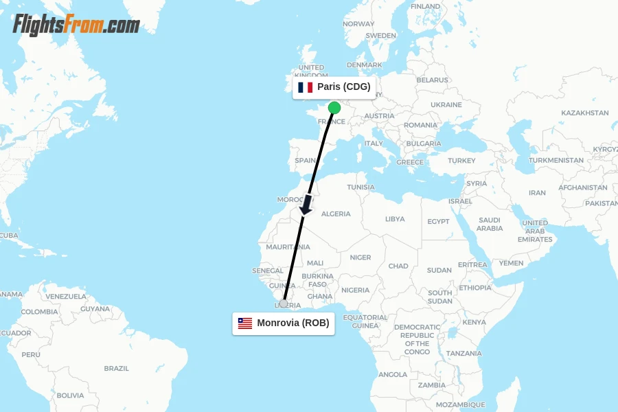 Flights from Paris to Monrovia route map