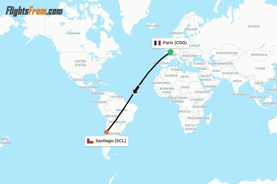 Flights from Paris to Santiago route map