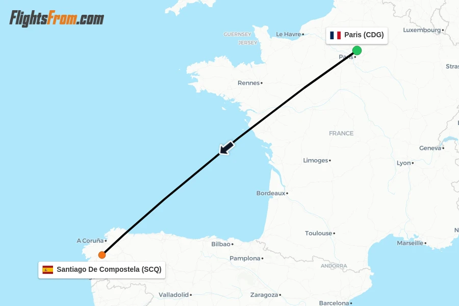 Flights from Paris to Santiago De Compostela route map