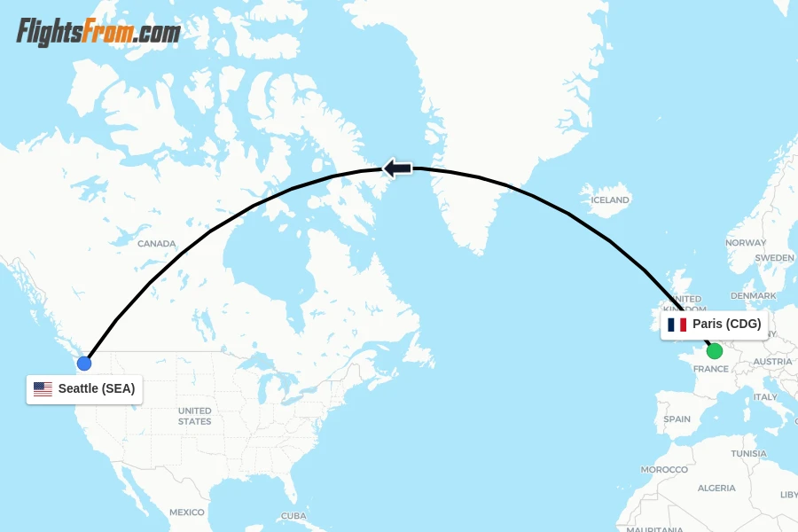 Flights from Paris to Seattle route map