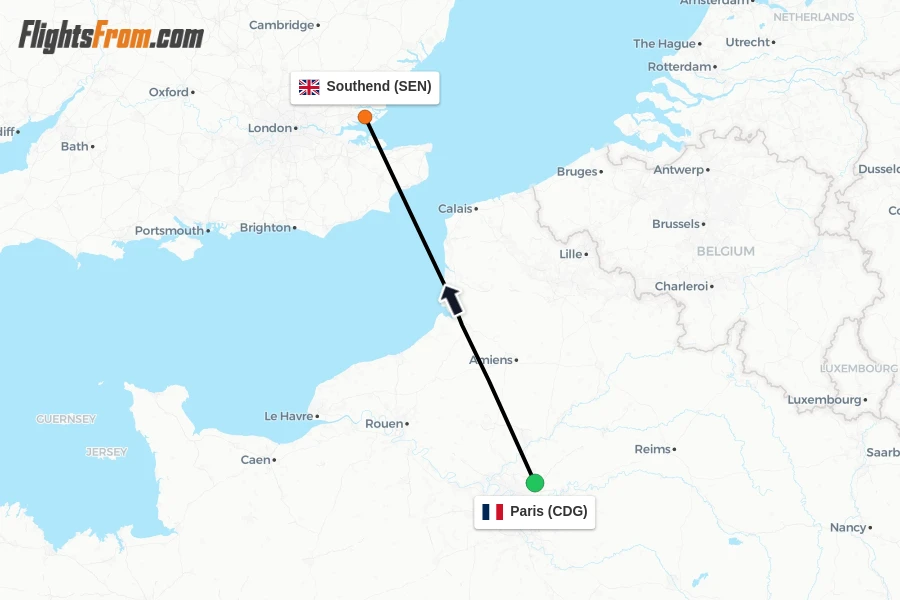 Flights from Paris to Southend route map