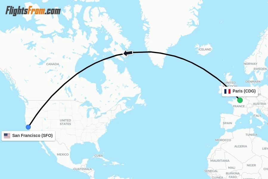 Flights from Paris to San Francisco route map