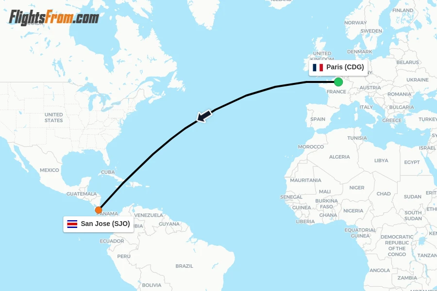 Flights from Paris to San Jose route map