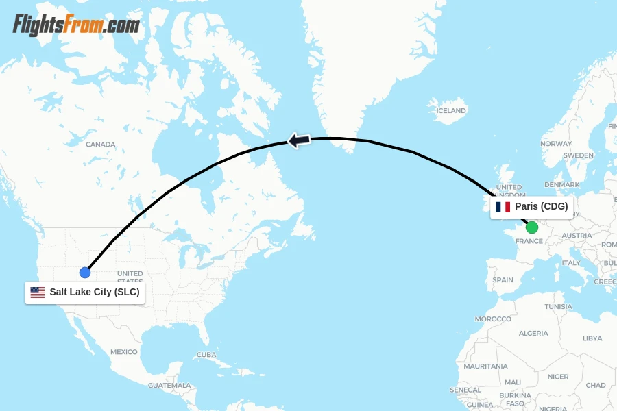 Flights from Paris to Salt Lake City route map