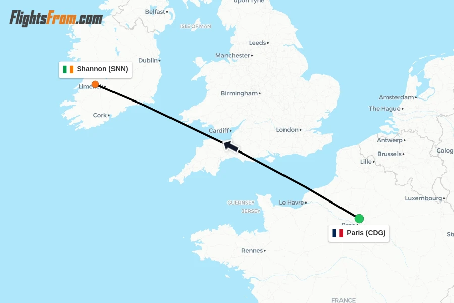 Flights from Paris to Shannon route map