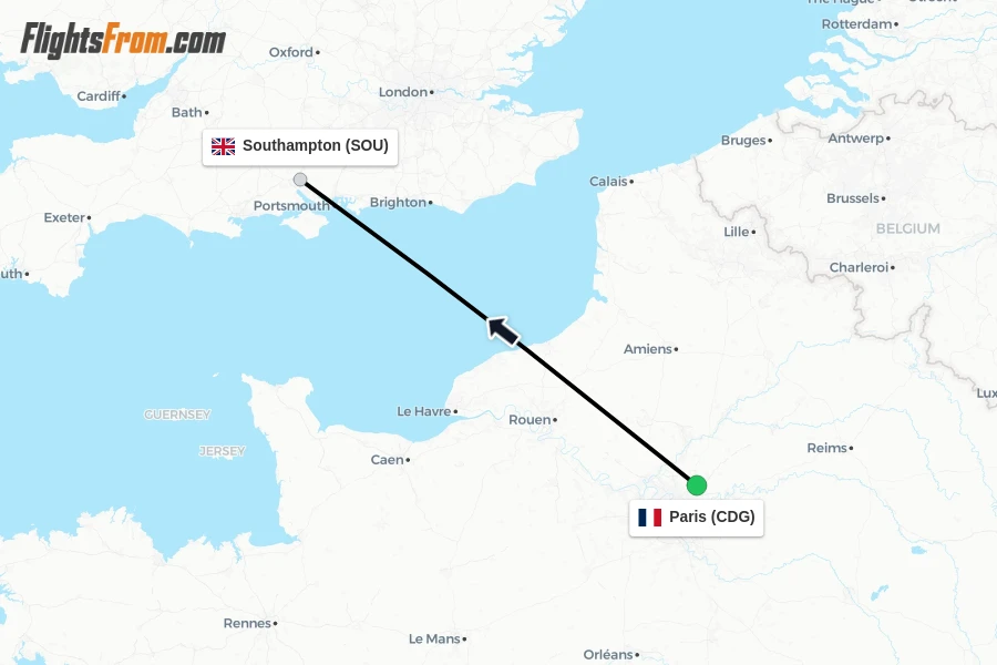 Flights from Paris to Southampton route map