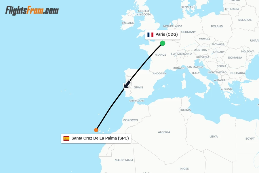 Flights from Paris to Santa Cruz De La Palma route map