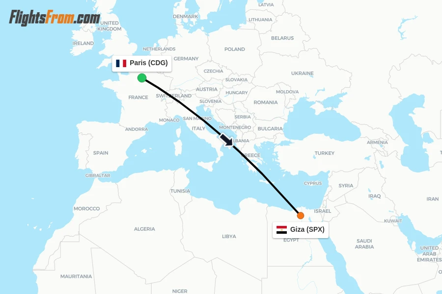 Flights from Paris to Giza route map