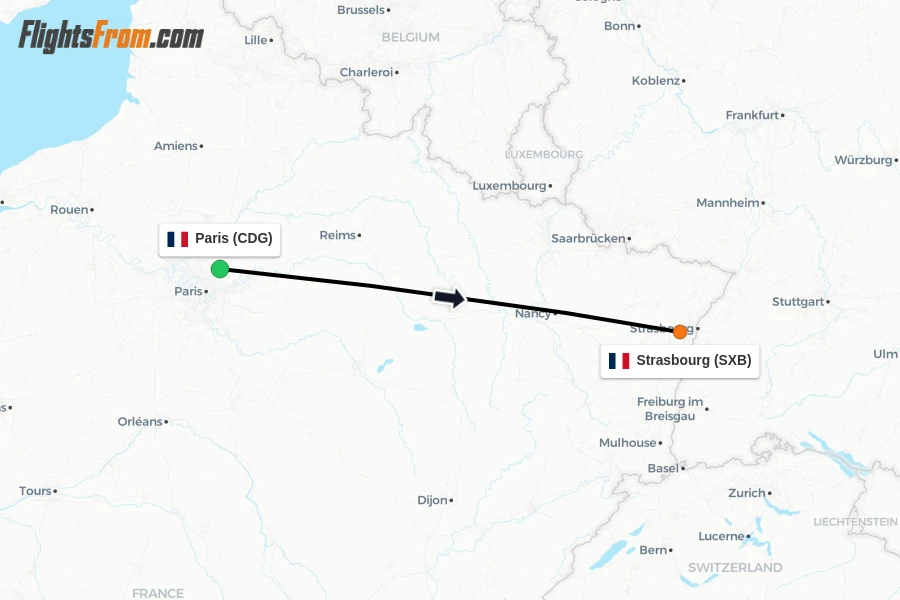 Flights from Paris to Strasbourg route map