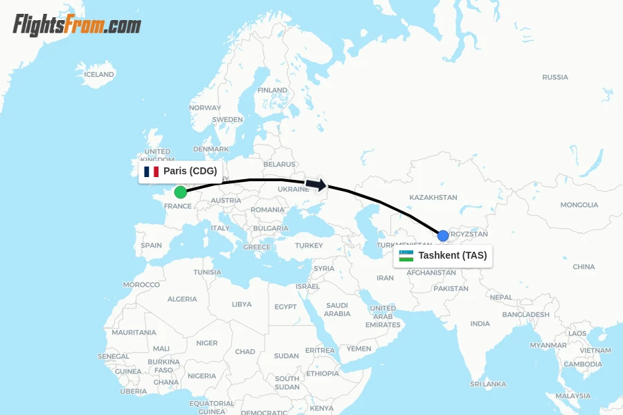 Flights from Paris to Tashkent route map