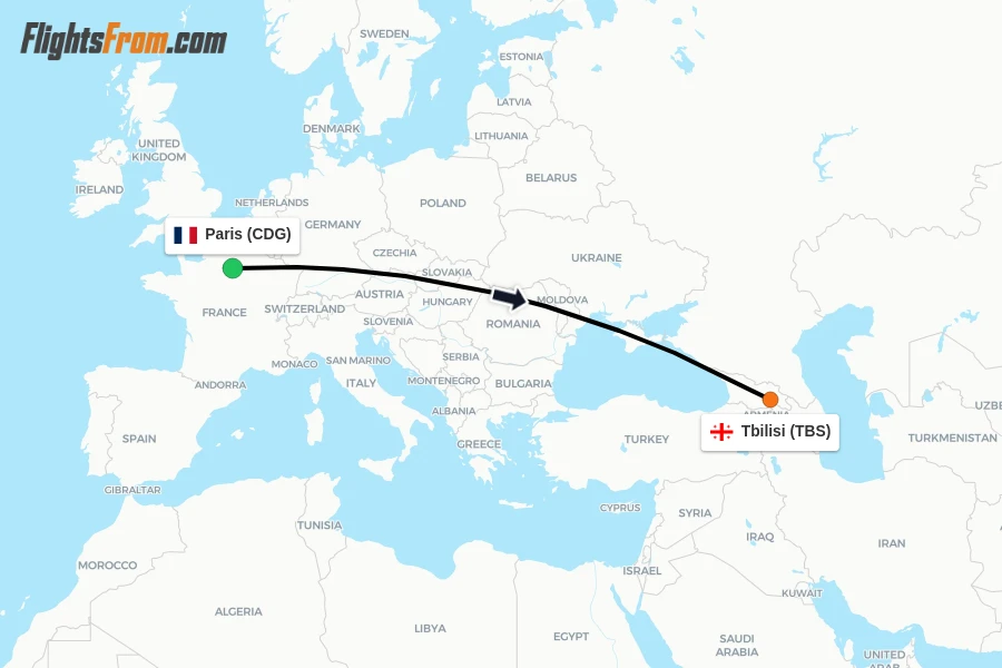 Flights from Paris to Tbilisi route map