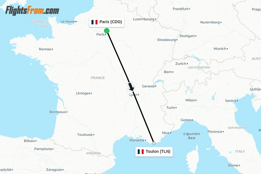 Flights from Paris to Toulon route map