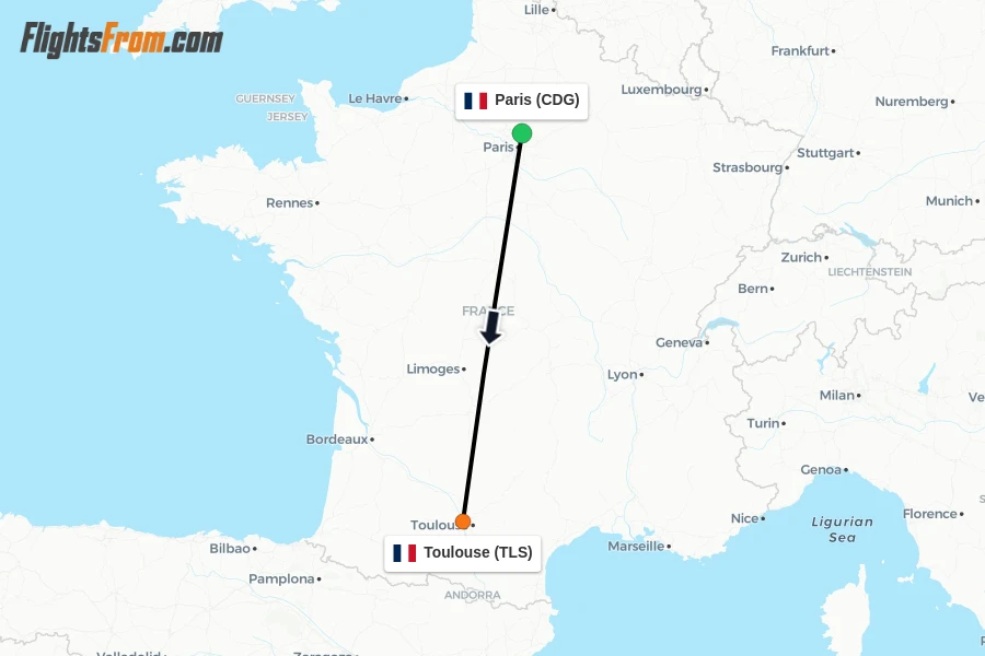 Flights from Paris to Toulouse route map